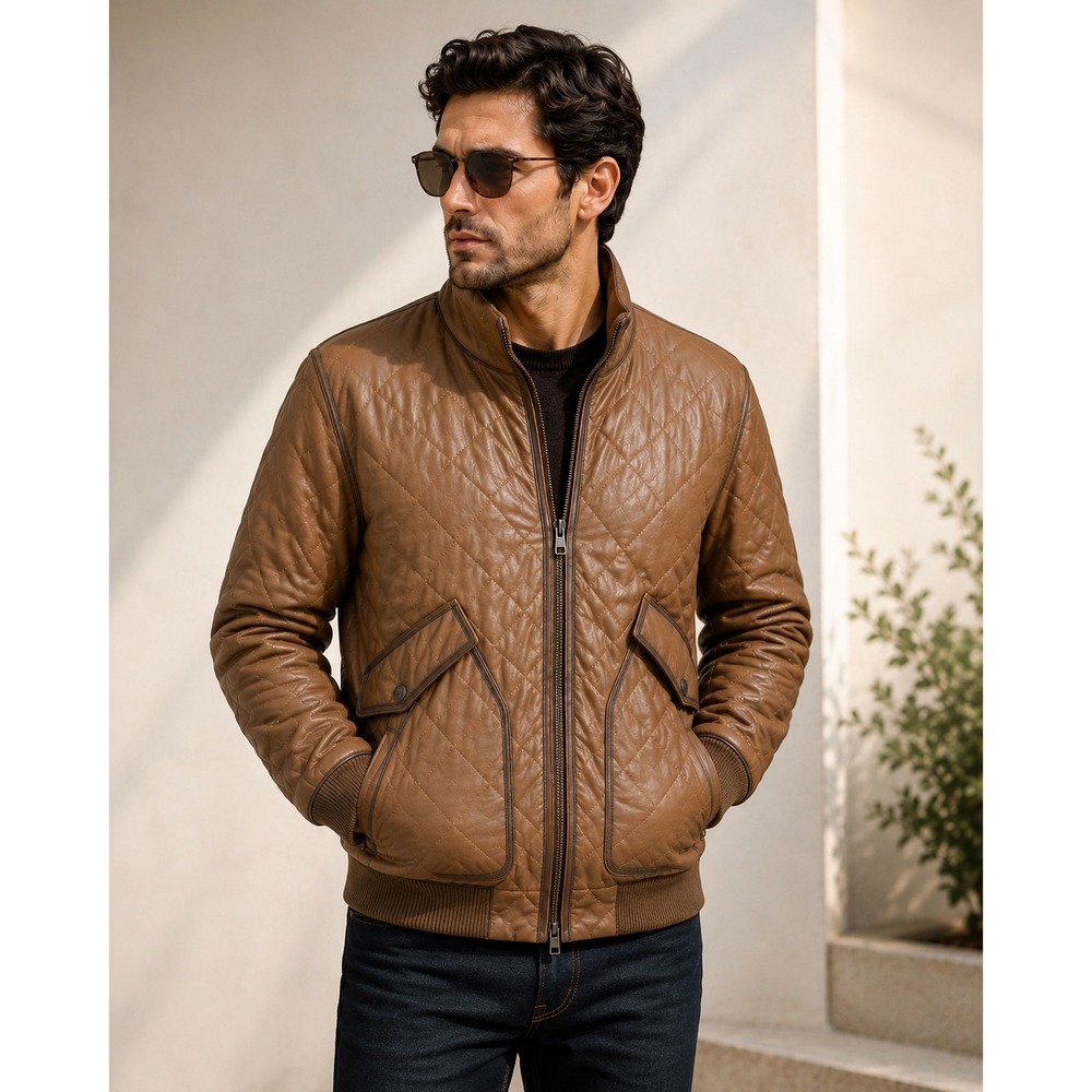 Michael Kors Bomber Jacket Mens S Brown Lamb Leather Quilted Burnished Luxury